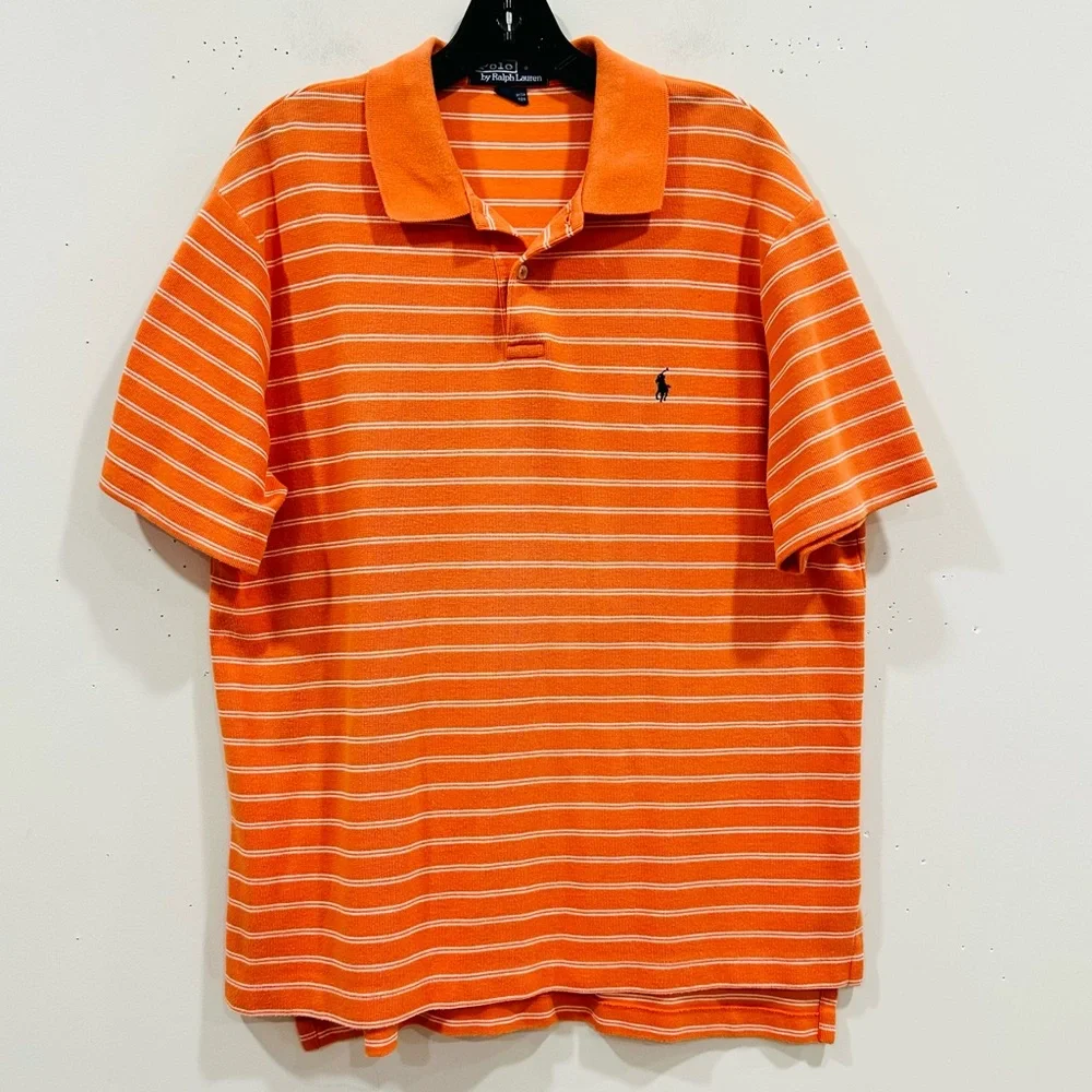 POLO By RALPH LAUREN Men’s Size L Orange White‎ Striped Polo Shirt